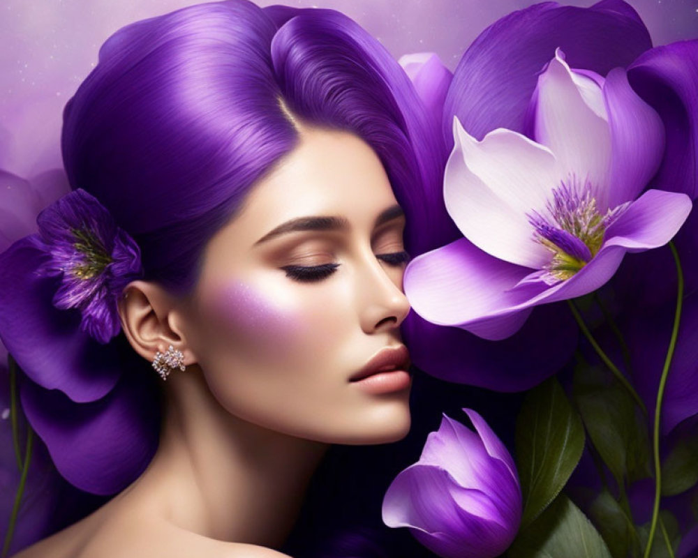 Purple-haired woman harmoniously blends with violet flowers in serene setting