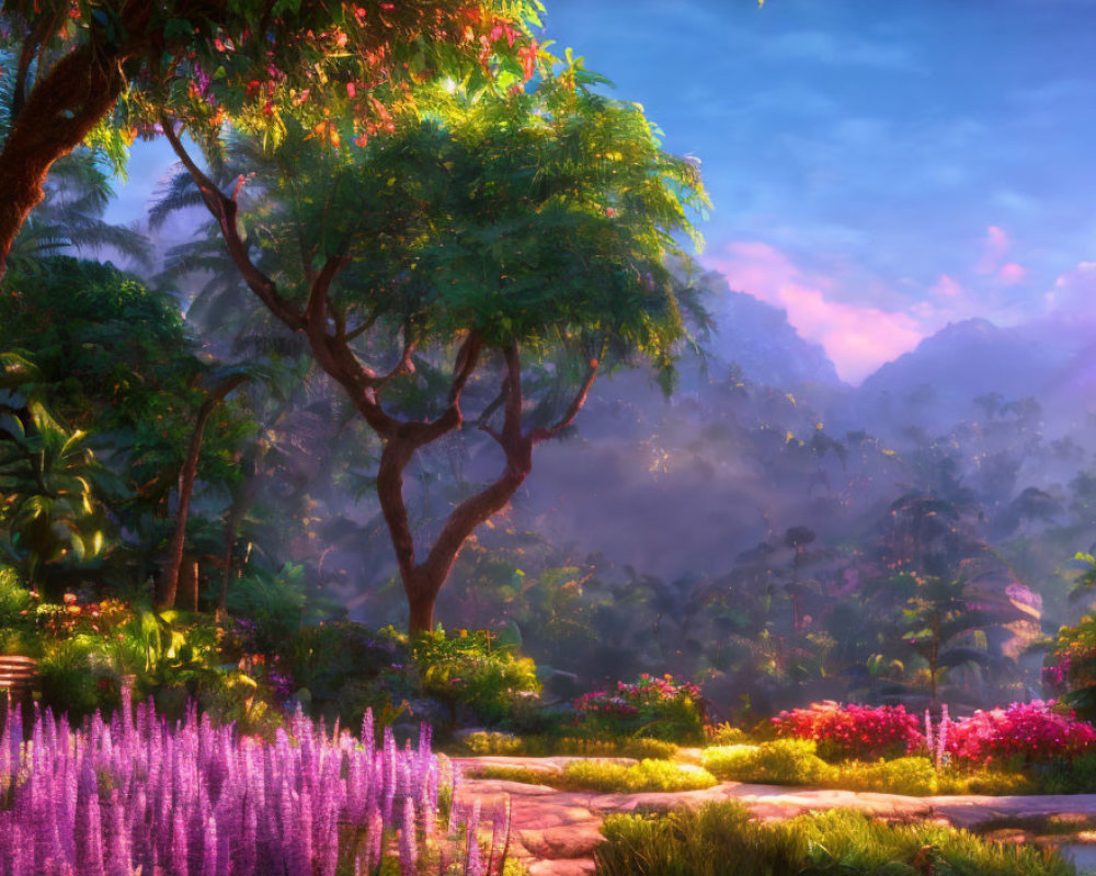 Vibrant purple flowers in lush garden with sunlit trees and misty mountain backdrop