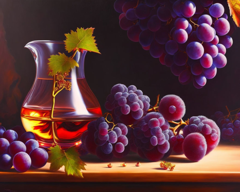 Glass decanter with amber liquid and purple grapes on dark background