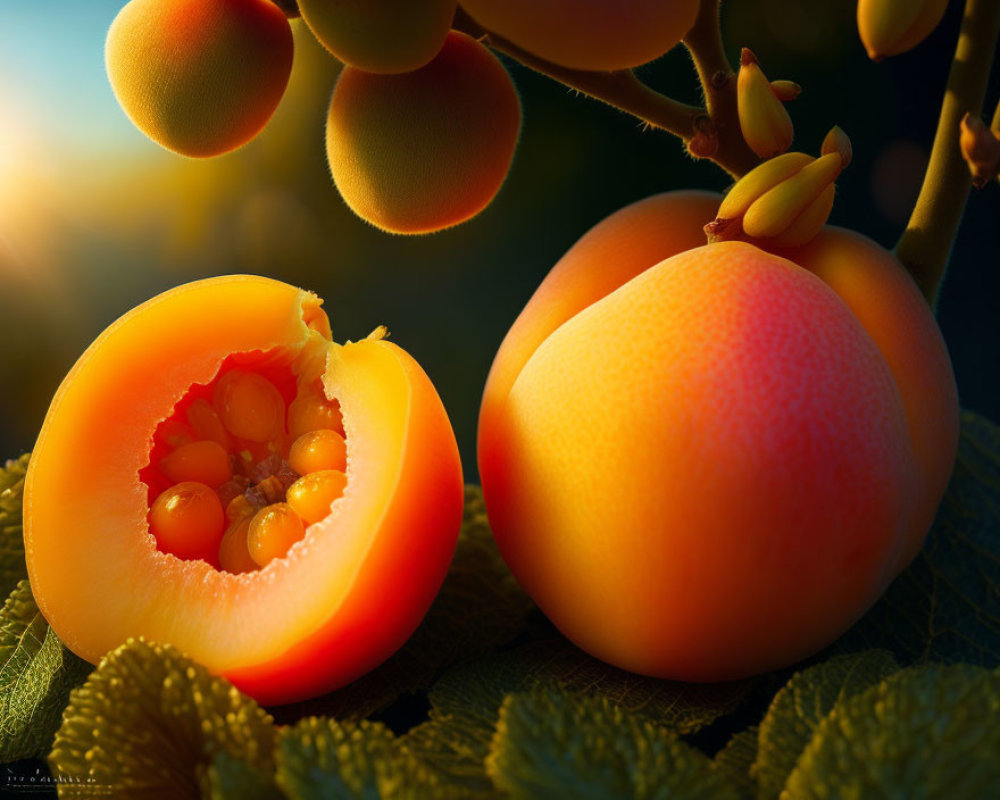 Fresh Ripe Peaches on Branch in Sunlight - Close-up of Juicy Cut Peach