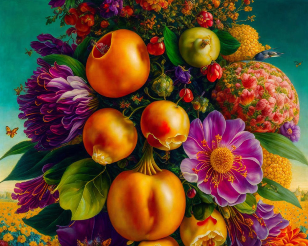 Colorful still-life painting with ripe tomatoes, blooming flowers, and pastoral landscape