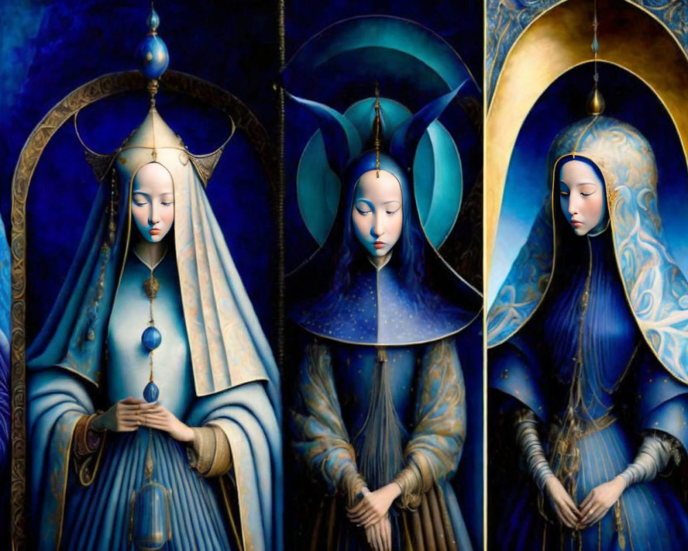 Stylized female figures in blue and gold with orb and crescent moon motifs on dark blue background