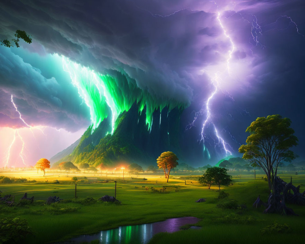 Surreal landscape with green aurora, lightning strikes, meadow, and trees