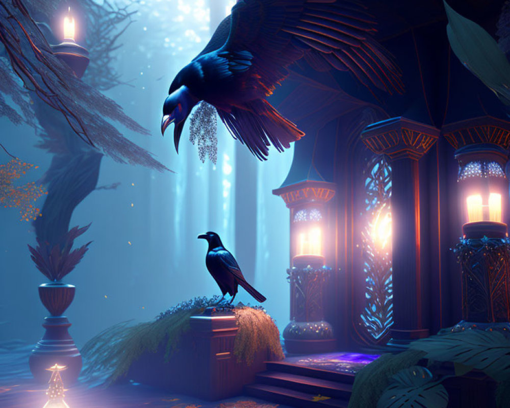 Mystical forest scene: ravens, lanterns, wooden structure, dense foliage