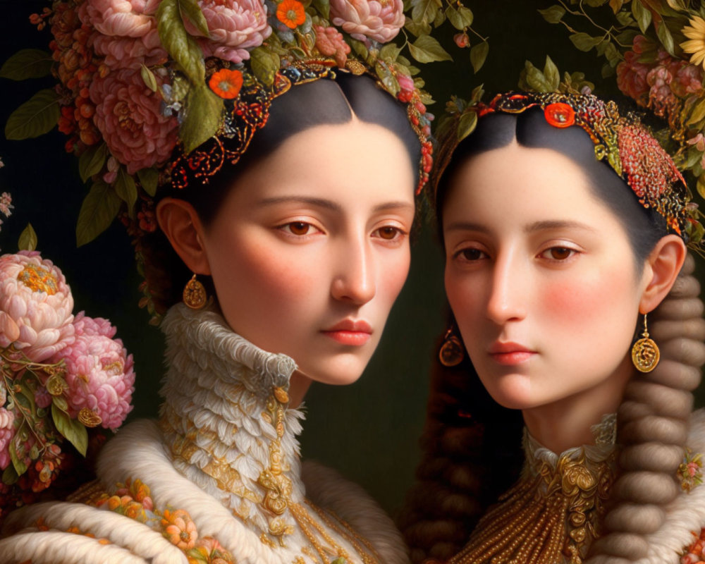 Two Women in Ornate Floral Headdresses and Traditional Clothing