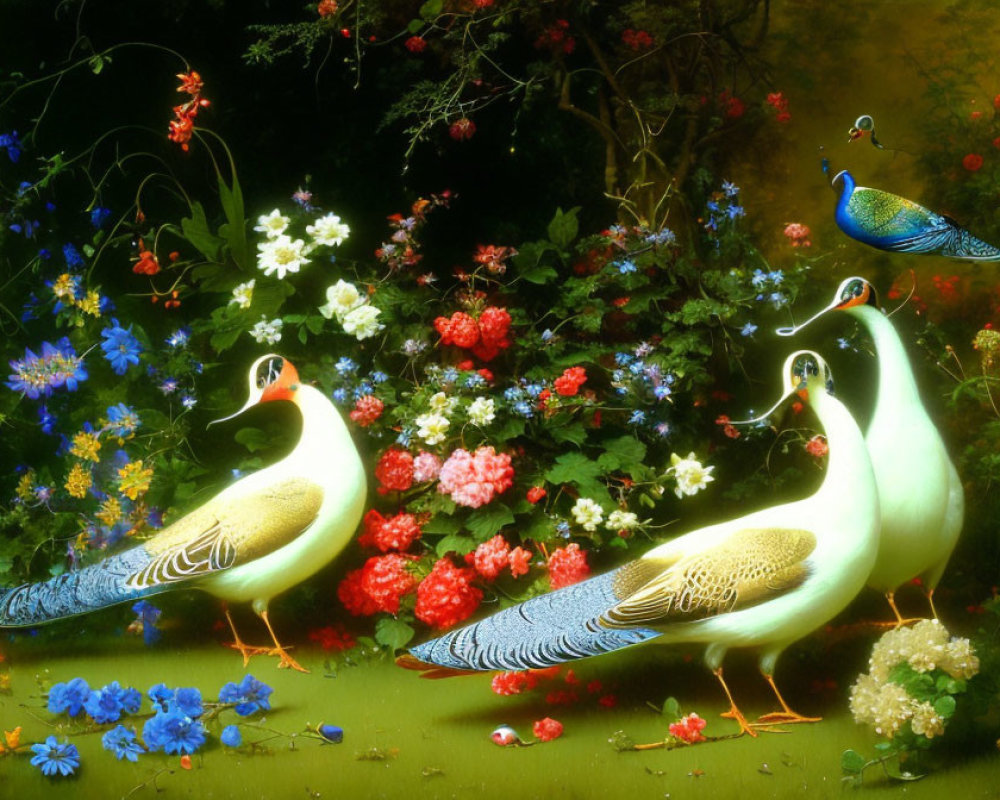 Colorful porcelain peacocks in vibrant floral setting