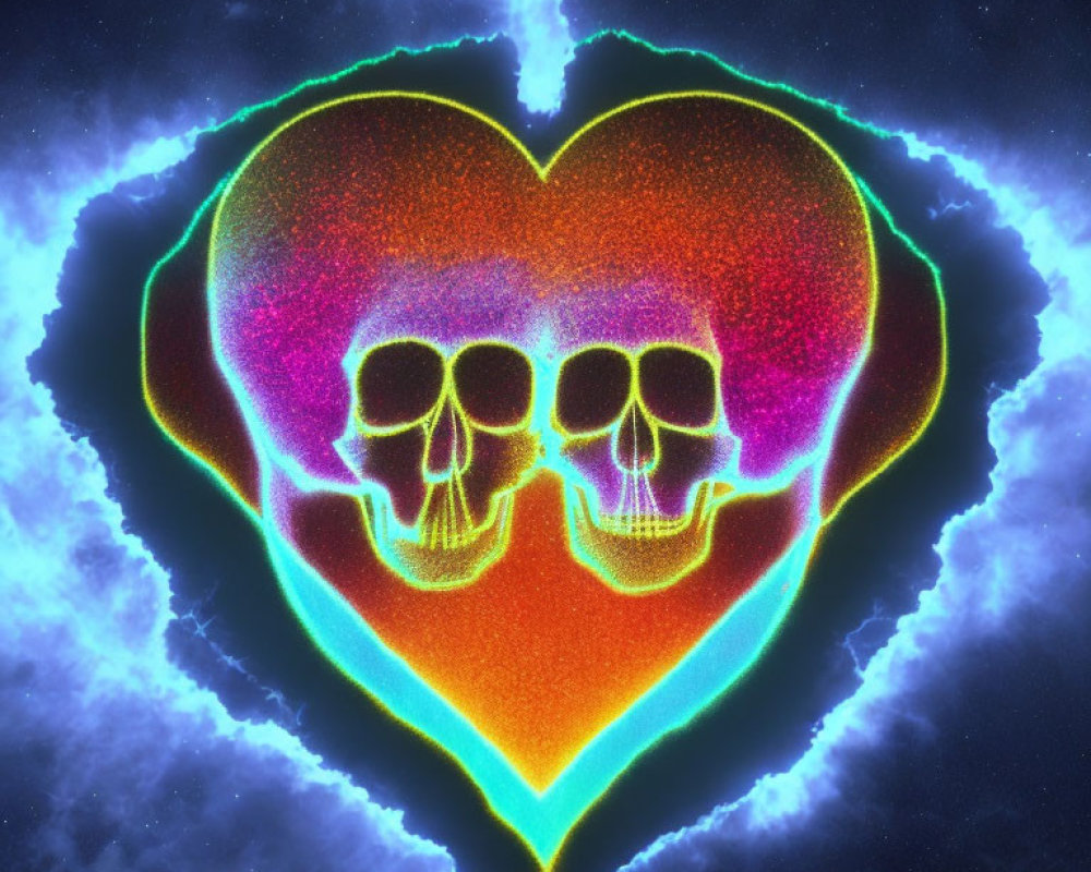 Neon-colored skulls in heart shape on cosmic background