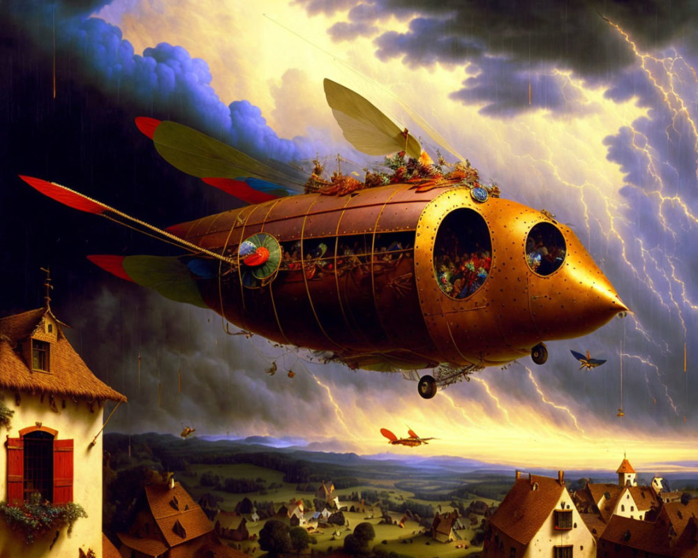 Steampunk airship above idyllic village in stormy skies