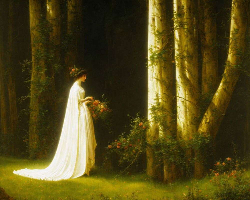 Woman in White Flowy Dress with Bouquet in Birch Forest