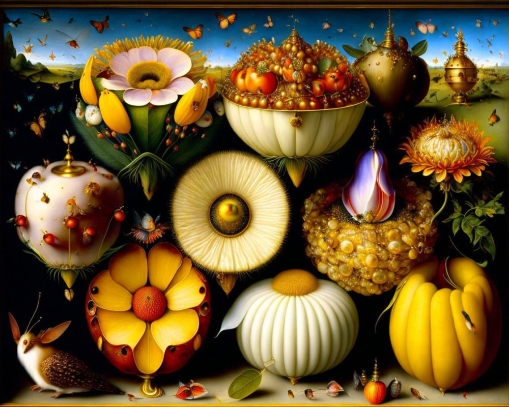 Vibrant surreal still-life with fruit, flowers, and insects in intricate detail