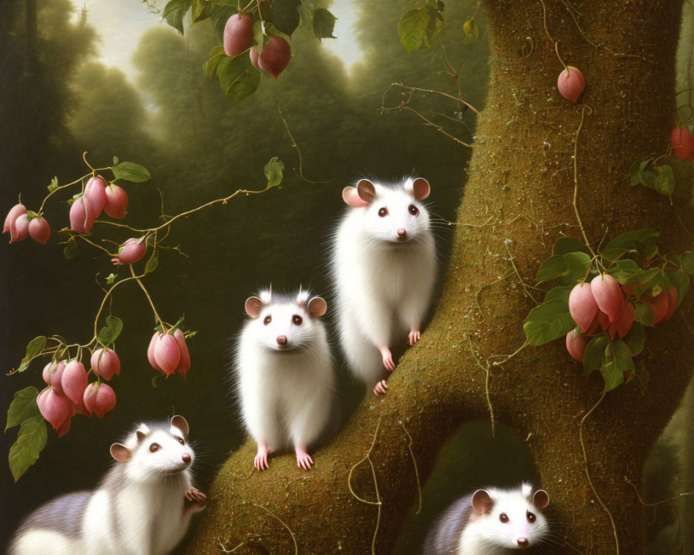 Four white mice with black eyes on tree branches amidst greenery and pink fruits.