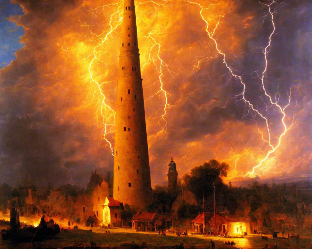 Towering lightning strike painting under tumultuous sky