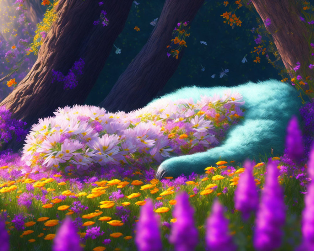 Fantastical blue creature sleeping in vibrant forest scene