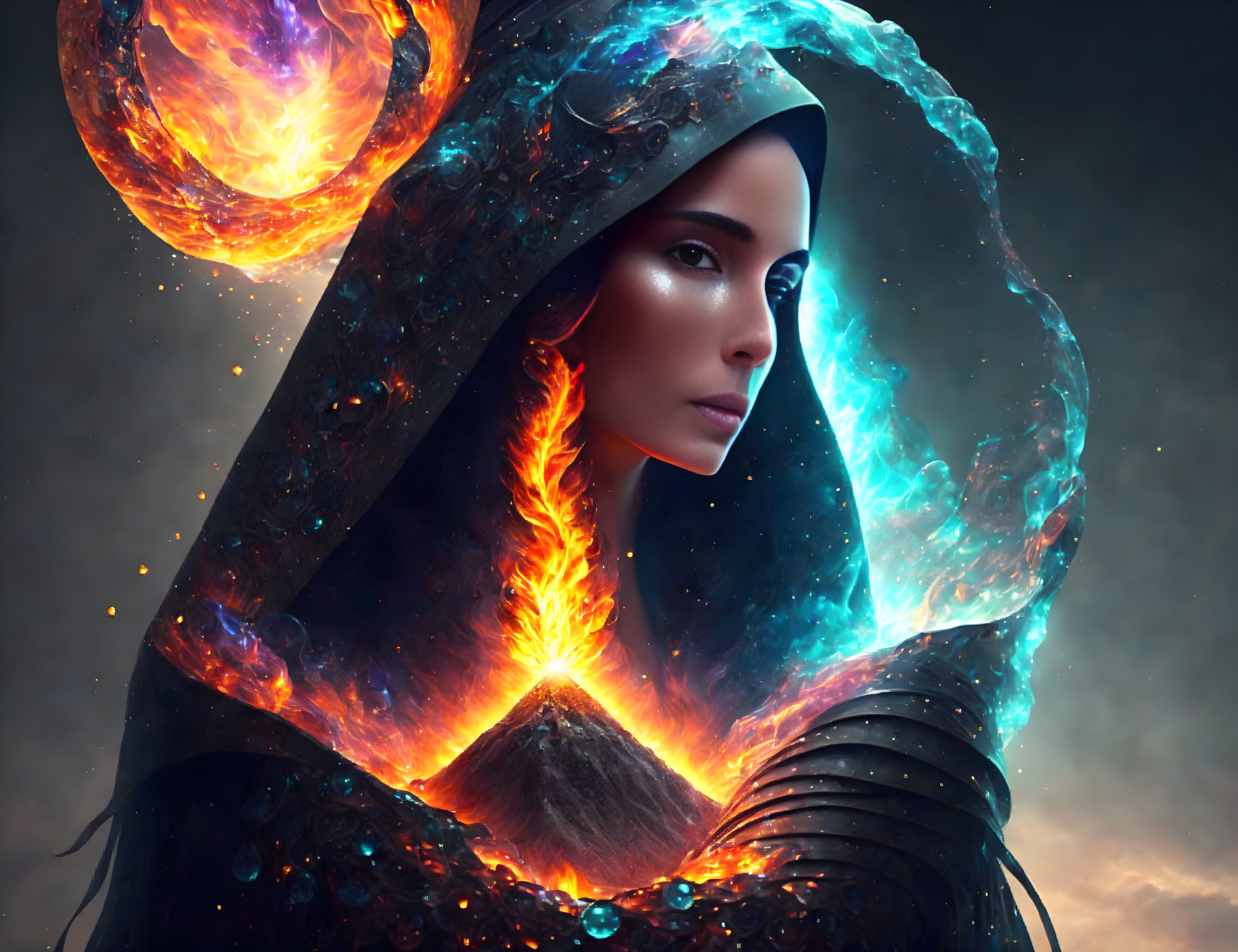 Hooded woman surrounded by fiery and icy elements embodies cosmic duality