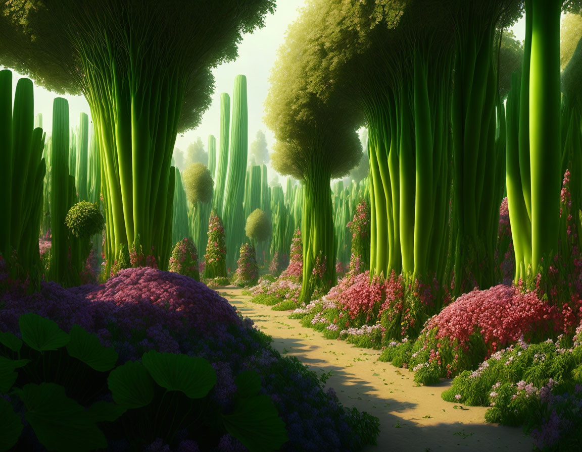 Vibrant forest scene with towering green vegetation and colorful flowers under soft sunlight