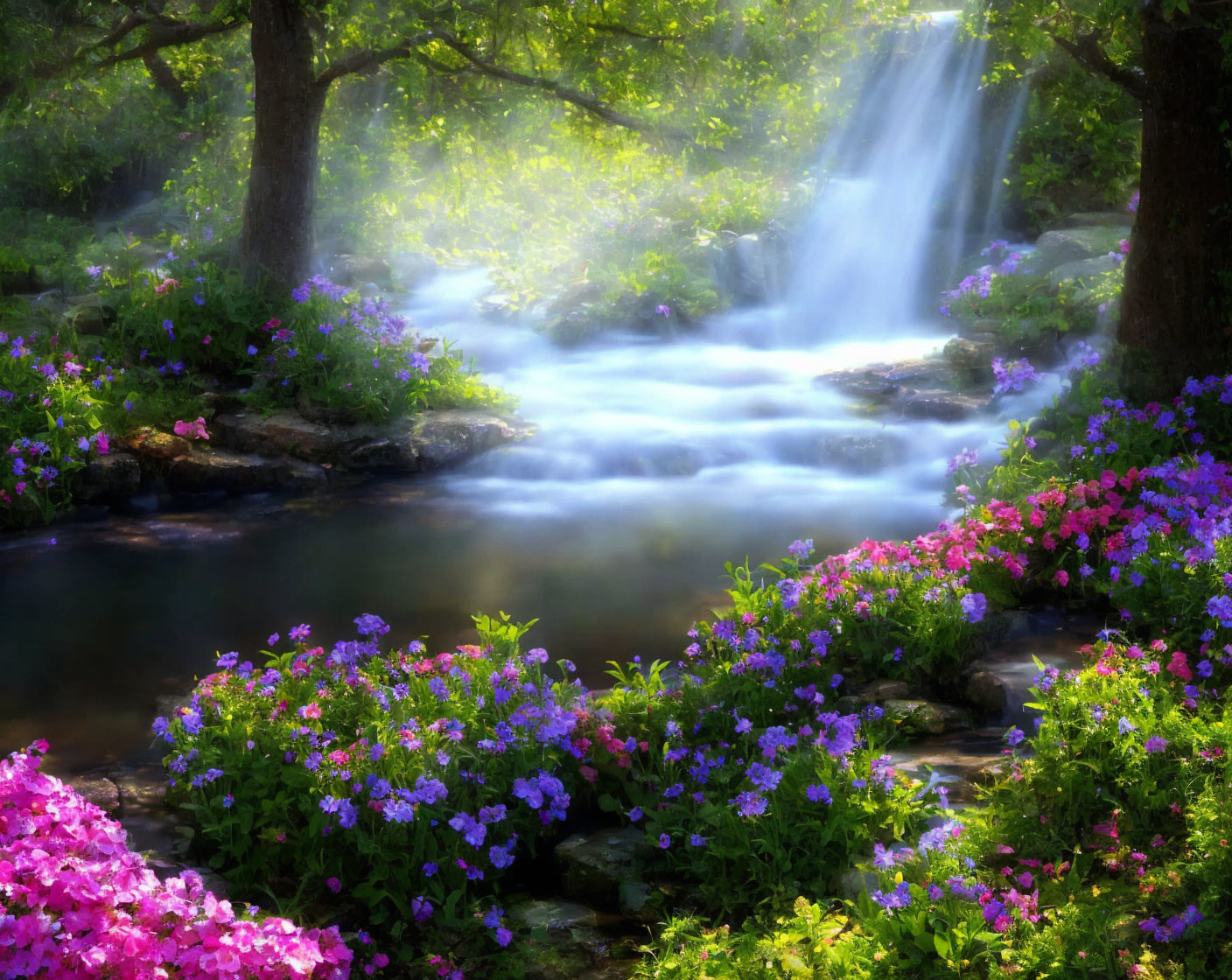 Tranquil forest scene with misty waterfall and vibrant flowers