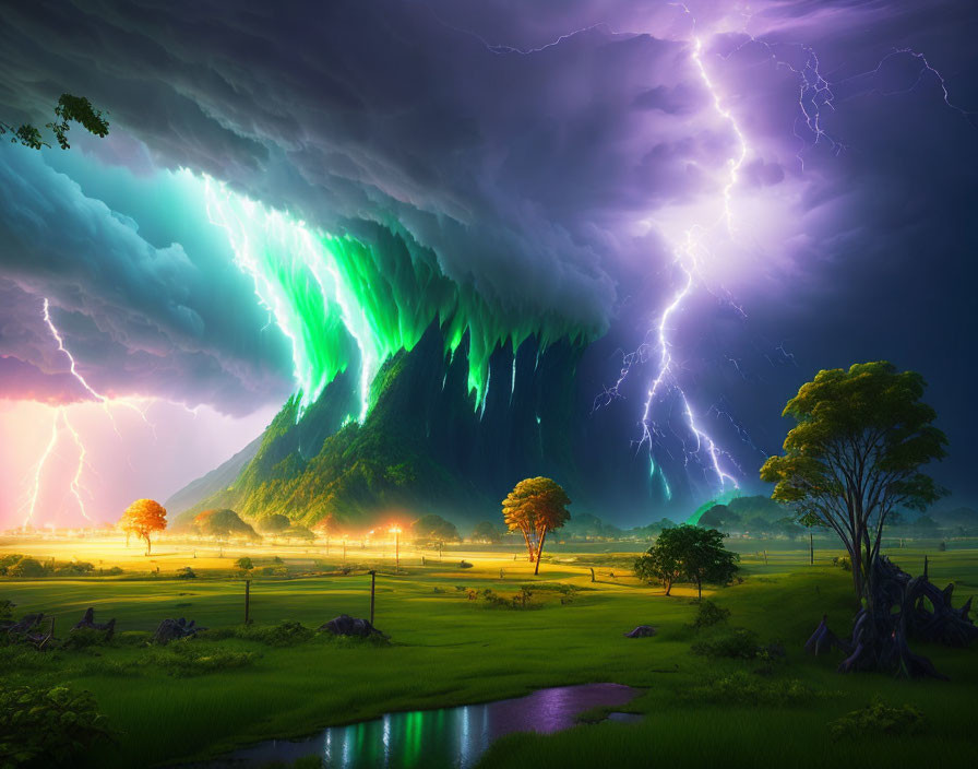 Surreal landscape with green aurora, lightning strikes, meadow, and trees