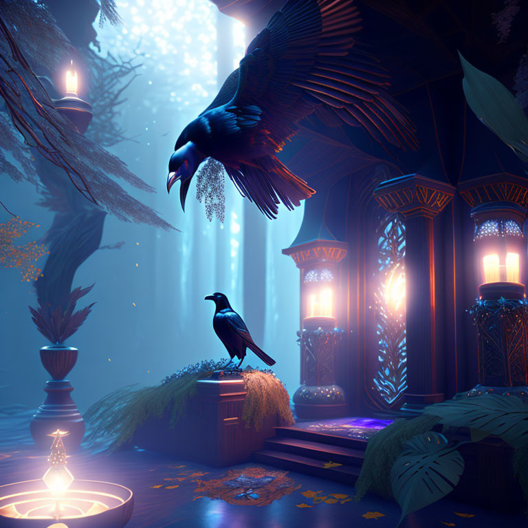 Mystical forest scene: ravens, lanterns, wooden structure, dense foliage