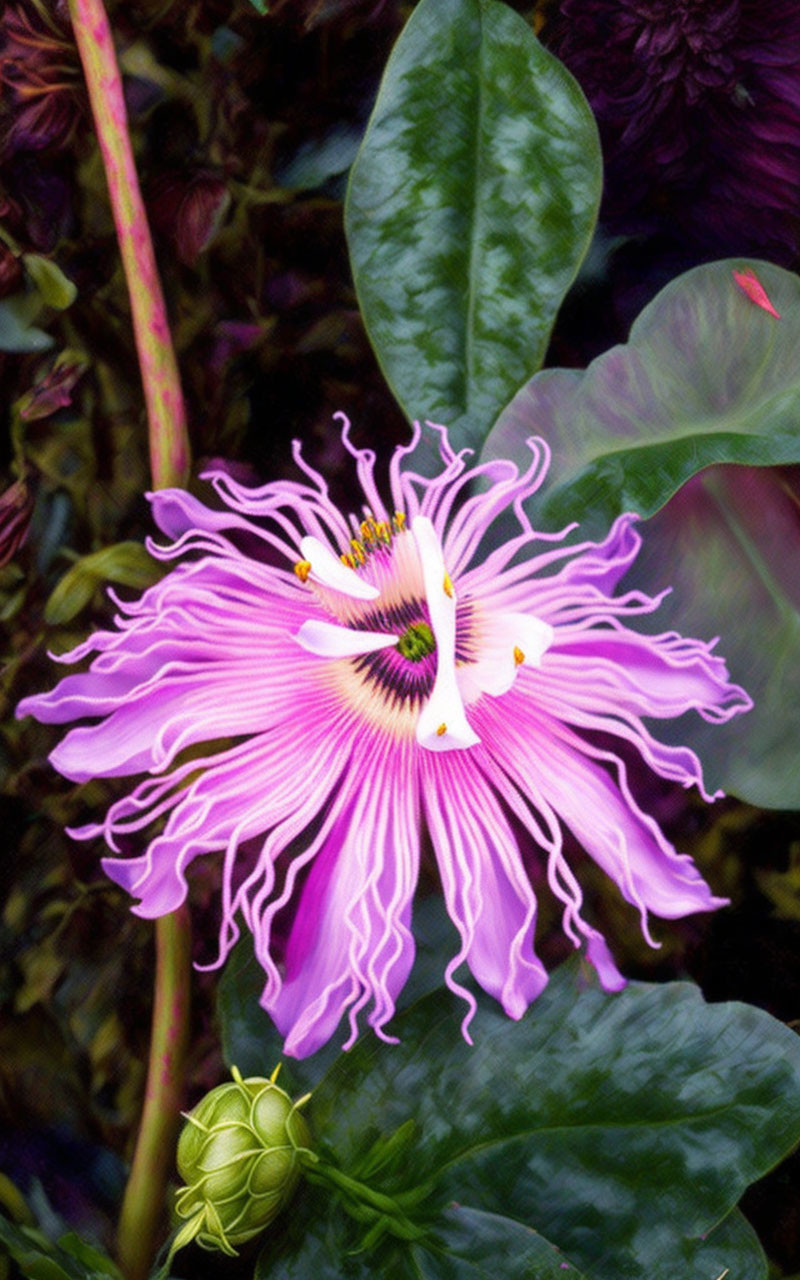 Purple passion flower with delicate filaments on dark foliage