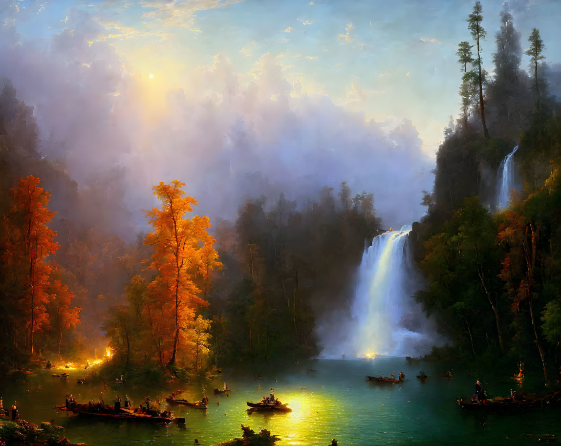 Tranquil landscape with misty waterfall, autumn trees, and rowboats