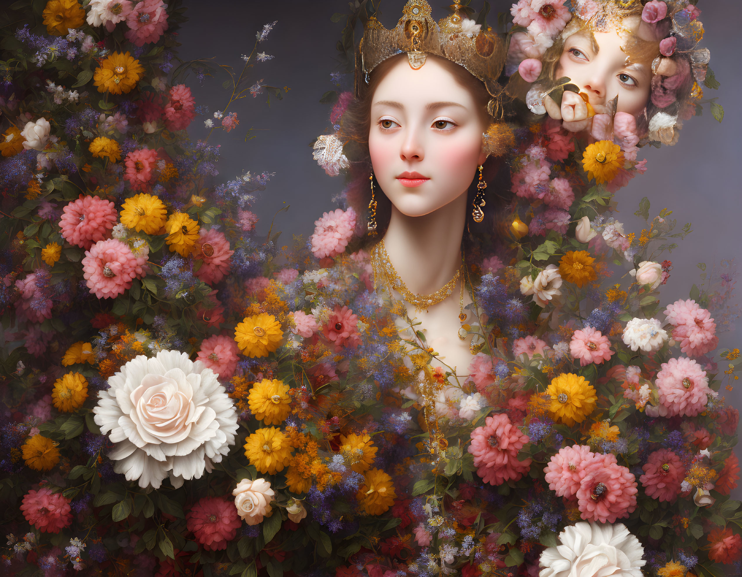 Portrait of woman with regal crown and colorful flowers, second figure hidden