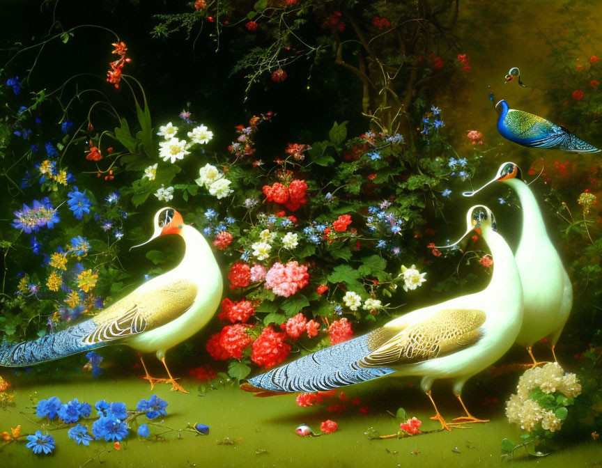 Colorful porcelain peacocks in vibrant floral setting