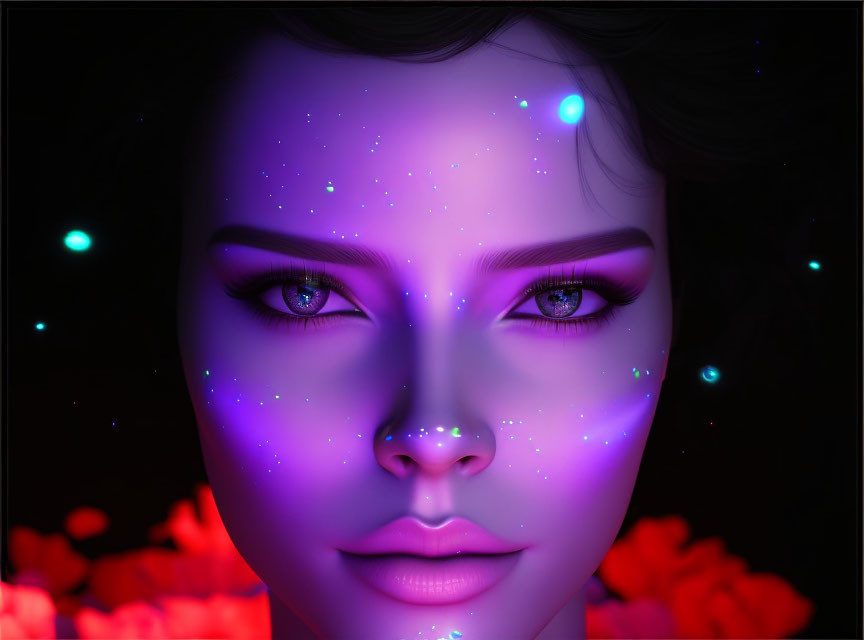 Close-Up Digital Portrait of Woman with Glowing Purple Cosmic Patterns on Face