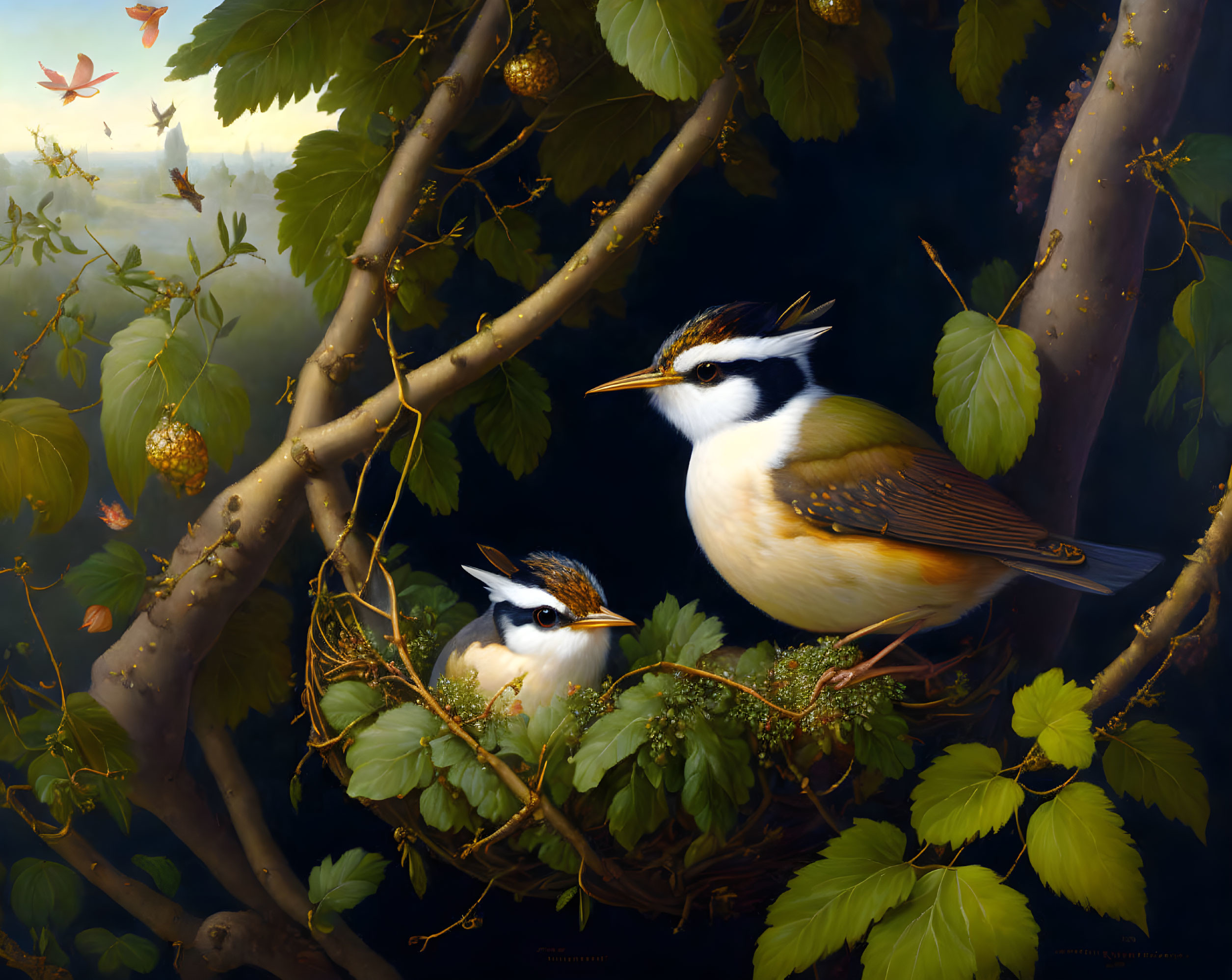 White and Brown Plumage Birds on Tree Branch with Green Leaves and Yellow Berries