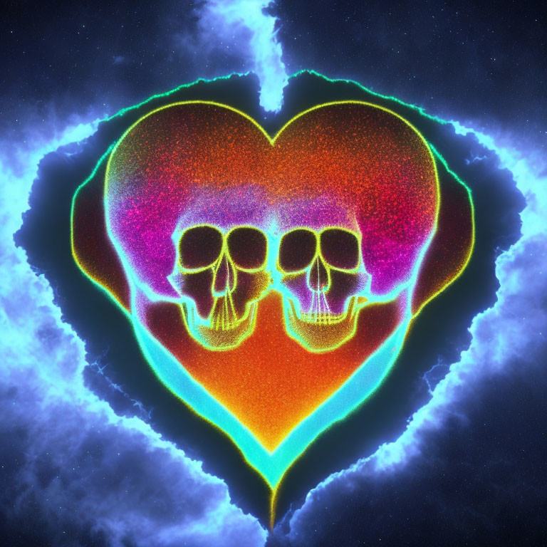 Neon-colored skulls in heart shape on cosmic background