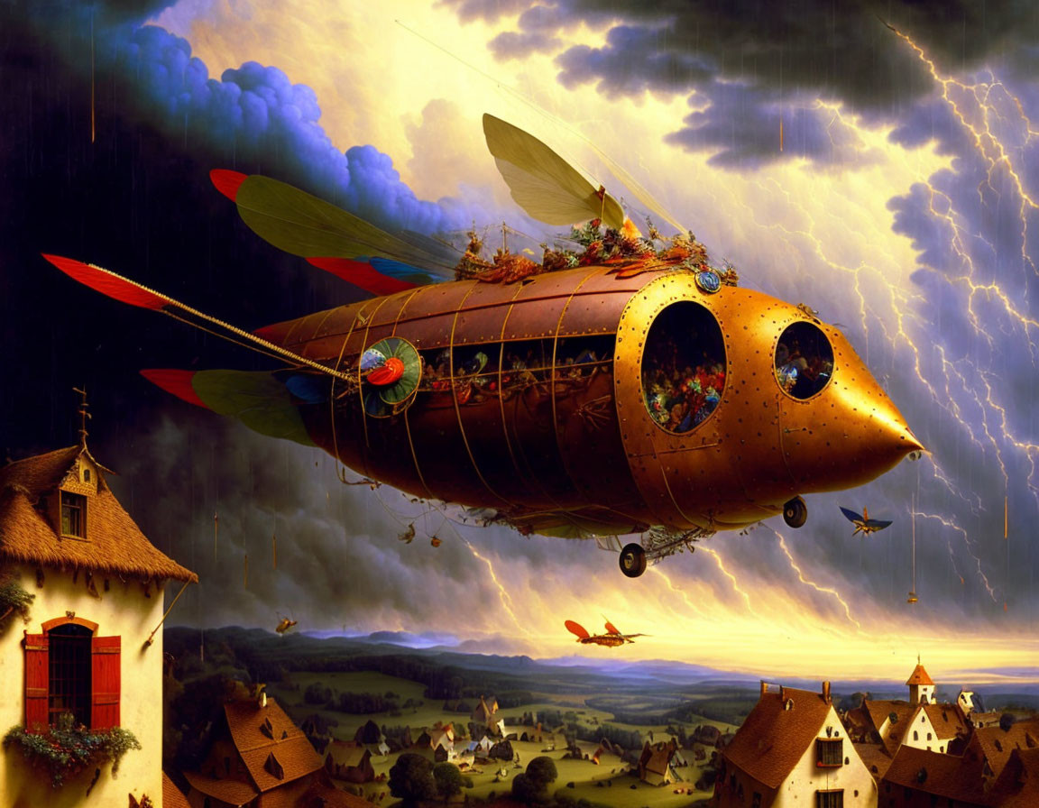 Steampunk airship above idyllic village in stormy skies