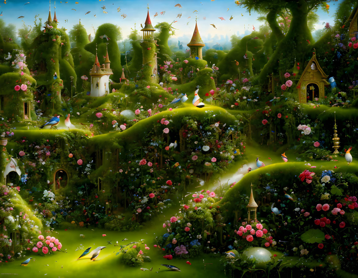 Verdant rolling hills, whimsical castles, lush trees in enchanted landscape