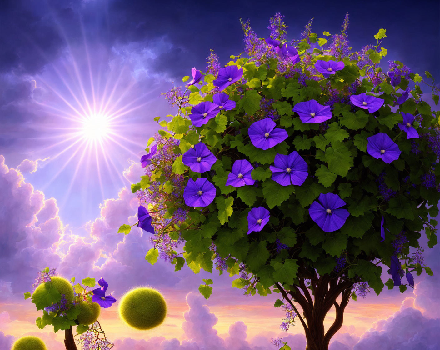 Fantasy landscape with vibrant tree and purple flowers under bright sun