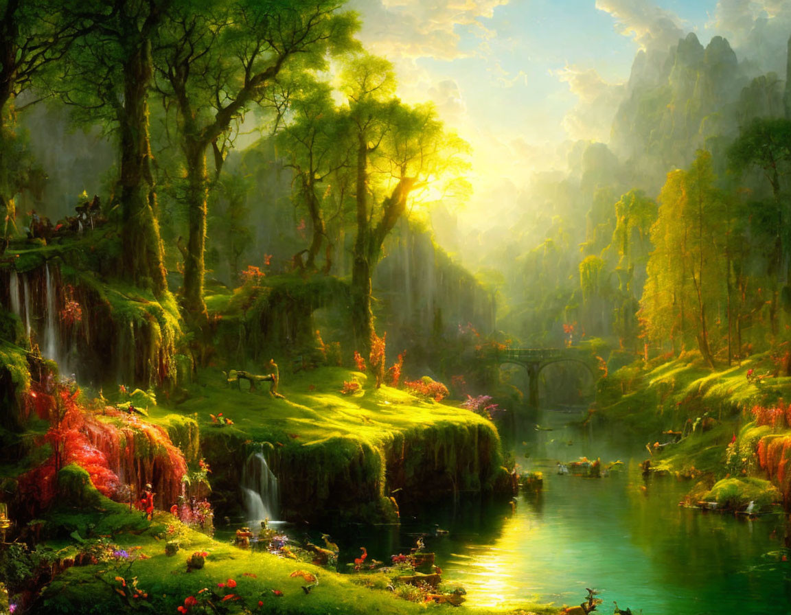 Fantasy landscape with lush greenery, waterfalls, river, ornate bridge, and ethereal