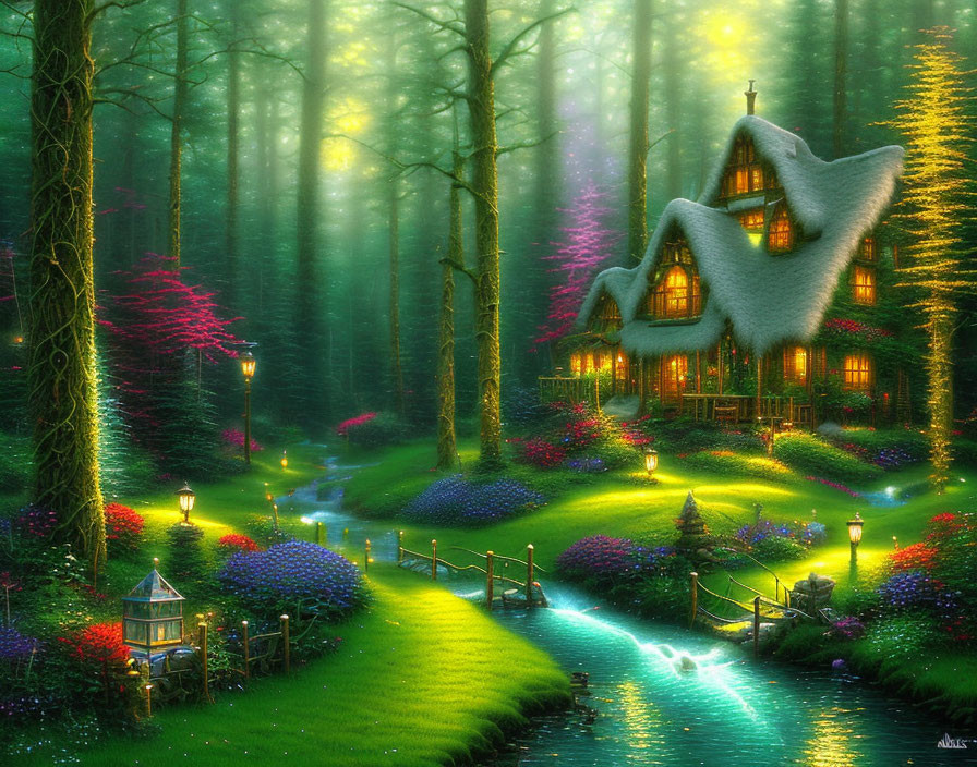 Whimsical cottage in colorful forest with snowy roof