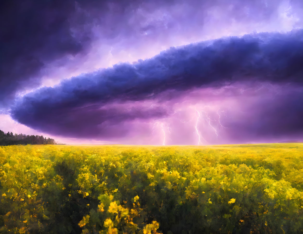 Dramatic purple sky over vibrant yellow wildflower field