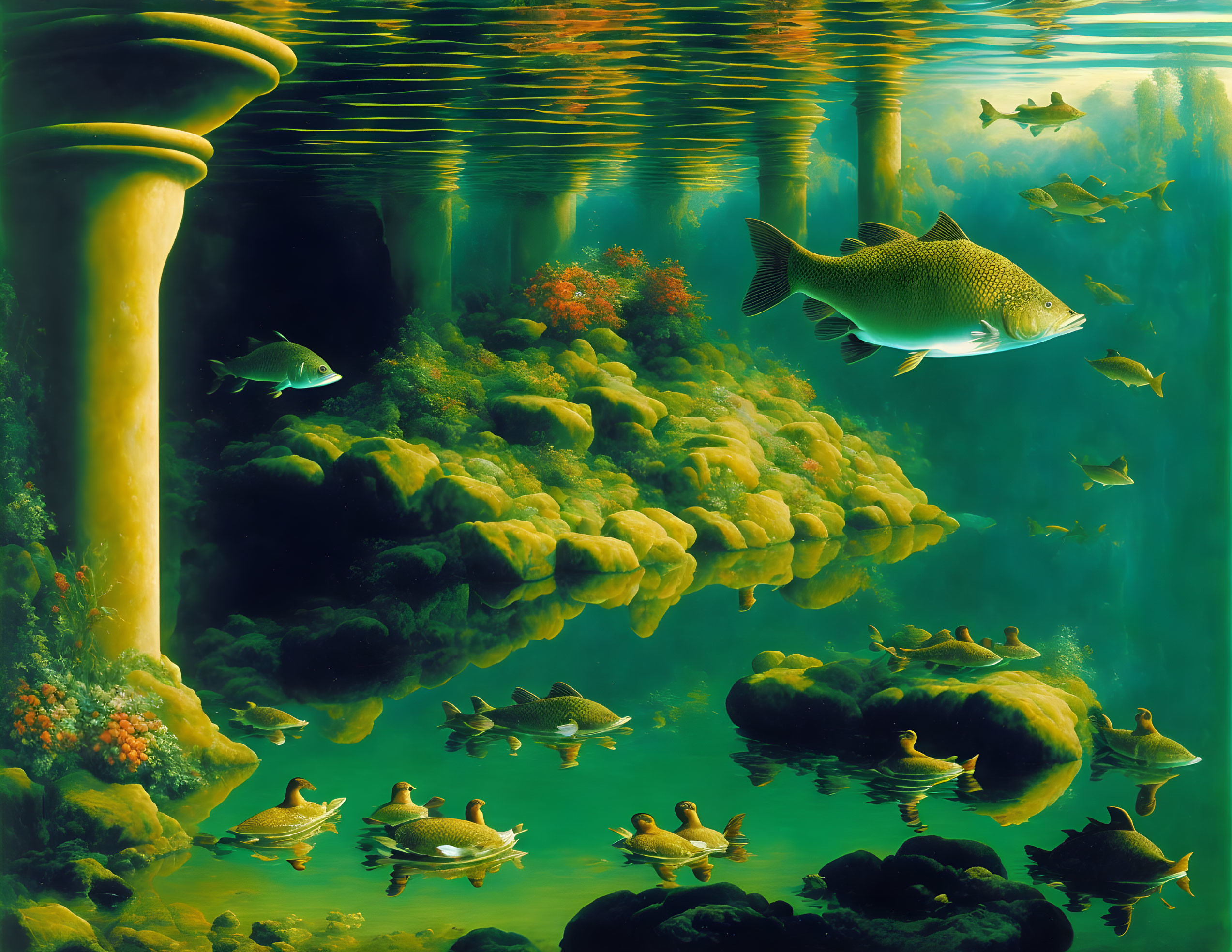 Aquatic scene with fish, coral reef, and classical columns in serene reflection