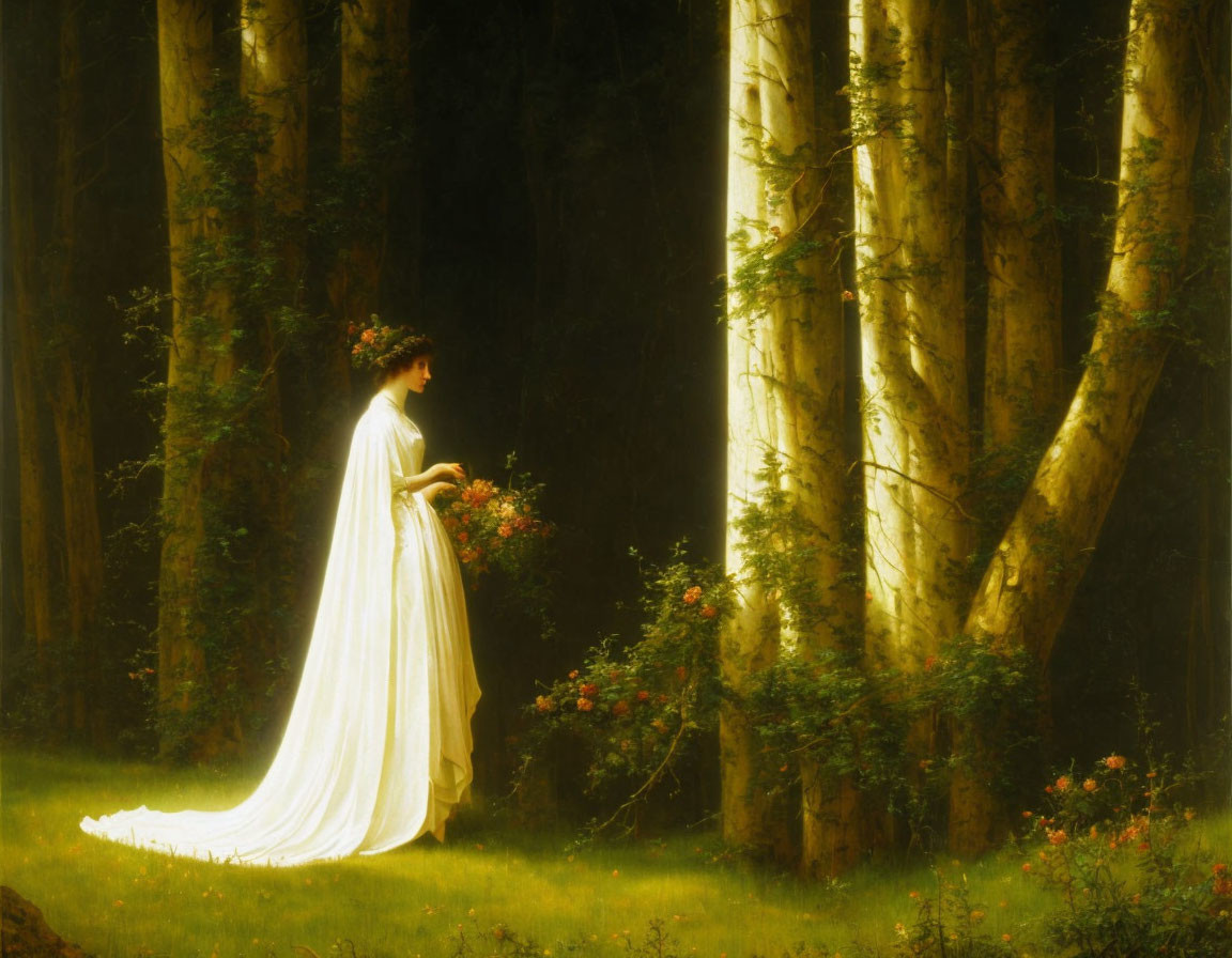 Woman in White Flowy Dress with Bouquet in Birch Forest