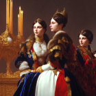 Royal attire women with crowns and fur-trimmed garments before mirror.