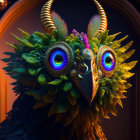 Colorful digital owl art with intricate feathers and jewel-like eyes on ornate background