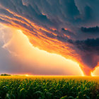 Dramatic shelf cloud over lush green field at sunset