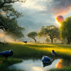 Surreal landscape with birds, reflective pond, green foliage, and glowing orb