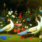 Colorful porcelain peacocks in vibrant floral setting