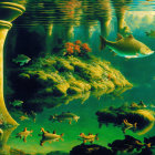 Aquatic scene with fish, coral reef, and classical columns in serene reflection