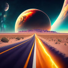 Surreal desert landscape with road and otherworldly planets.