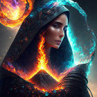 Hooded woman surrounded by fiery and icy elements embodies cosmic duality