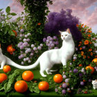 Colorful artwork: white cats, orange fruits, purple and green foliage under cloudy sky