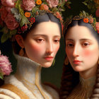 Two Women in Ornate Floral Headdresses and Traditional Clothing