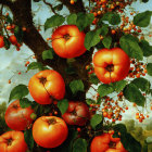 Colorful painting of oversized tomatoes on tree with small fruits and green leaves under blue sky