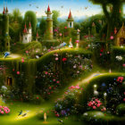 Verdant rolling hills, whimsical castles, lush trees in enchanted landscape