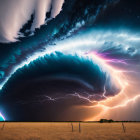 Dramatic supercell thunderstorm with lightning bolts in twilight sky